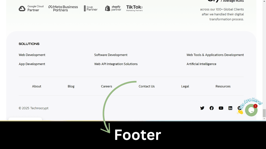 Website footer example with links, partner badges and social icons