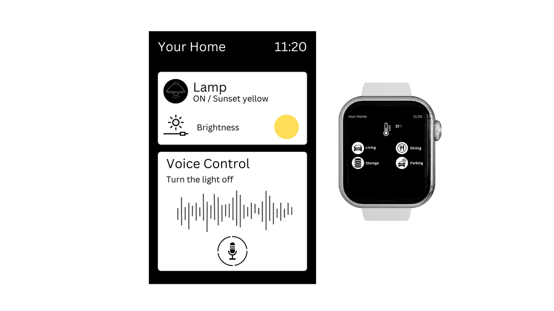 Smartwatch companion app design showing smart home lamp brightness and voice control screens
