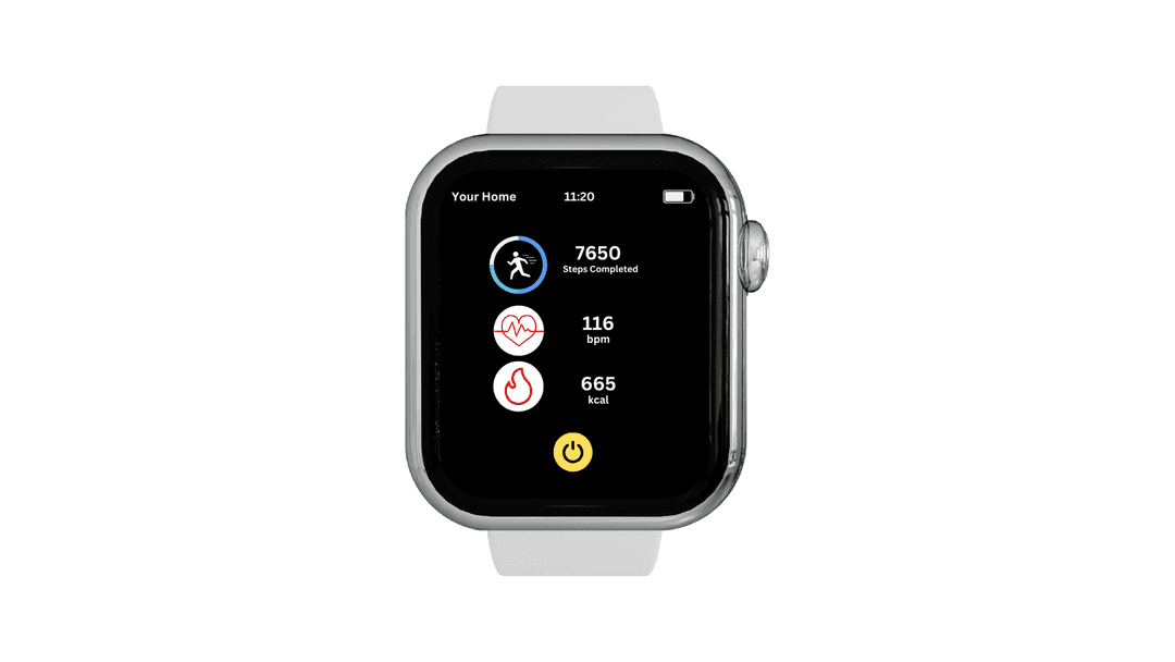 Apple Watch app screen showing steps, heart rate and calories