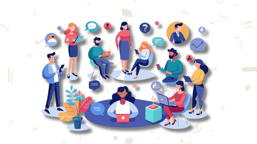 Illustration of a diverse group of people using smartphones, laptops and wearables