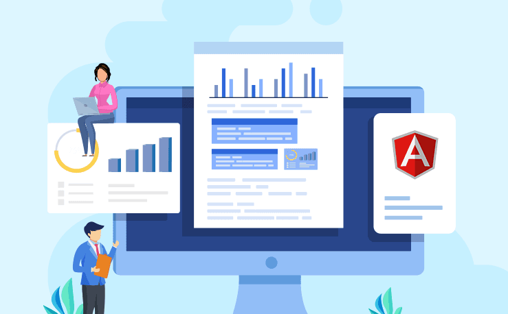 Illustration of developers reviewing performance charts for an Angular application