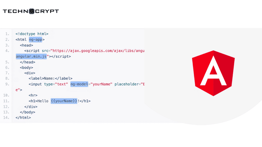 AngularJS code example using the ng-app and ng-model directives, beside the Angular logo