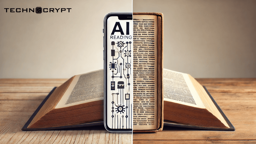 An open book beside a smartphone showing an AI circuit, representing AI that reads and understands text