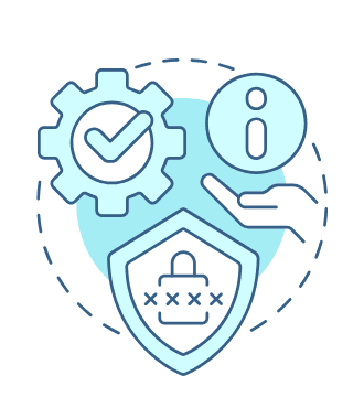 Icon of a security shield with a password field, a settings gear and an information symbol
