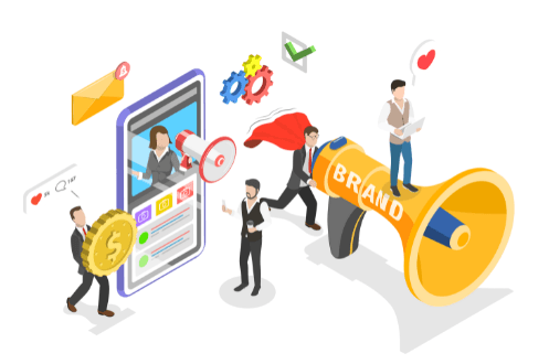 Illustration of a team promoting a brand with a large megaphone, a smartphone and social media icons
