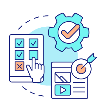 Icon of a checklist, a settings gear and a target, representing a specific, clear domain name