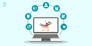 Illustration of a laptop with an online shopping cart surrounded by e-commerce icons