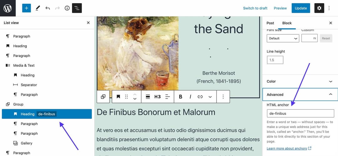 WordPress block editor with the HTML anchor field highlighted for a heading block