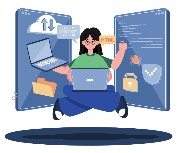 Illustration of a developer working with HTML, files and security, representing technical SEO