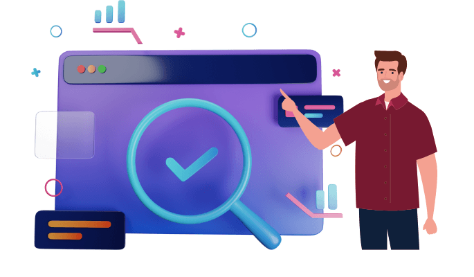 Illustration of a person presenting a web page with a magnifying glass and check mark, illustrating indexing