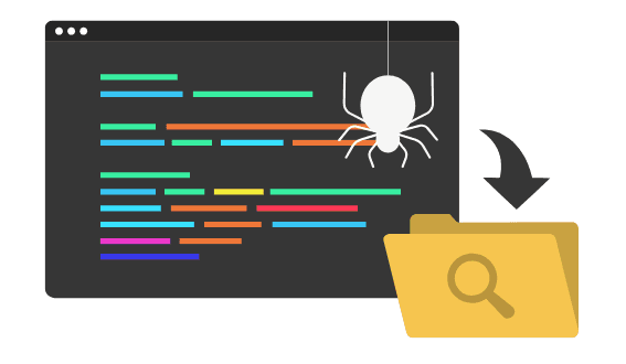 Code editor with a search engine spider crawling the code into a folder, illustrating crawling