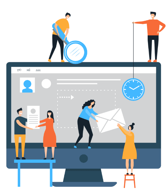 Illustration of a team building and arranging content on a web page, representing on-page SEO