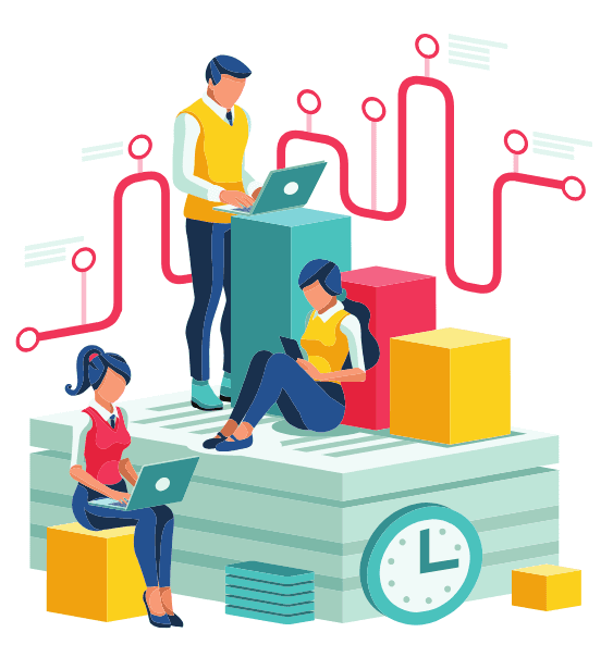 Illustration of marketers working with rising charts and connected links, representing off-page SEO