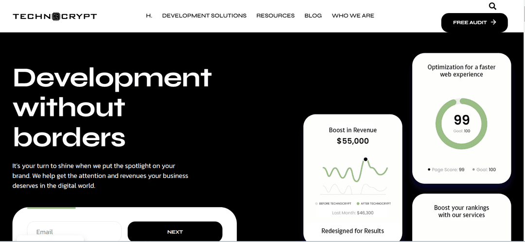 Example of a responsive website hero section with navigation, headline and results cards