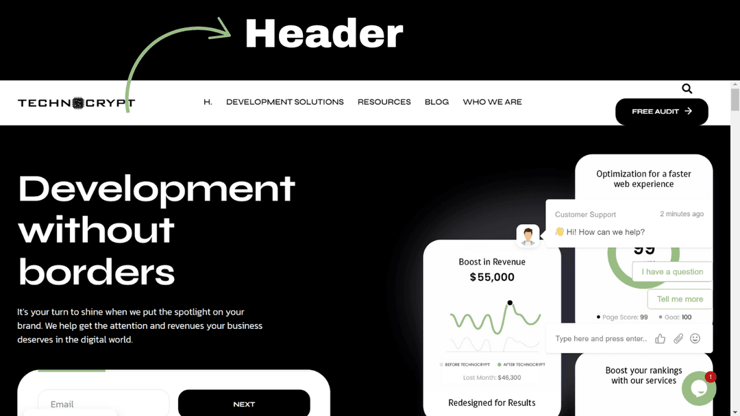 Website header example highlighted on a Technocrypt home page design