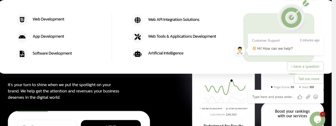 Website navigation menu example listing development services