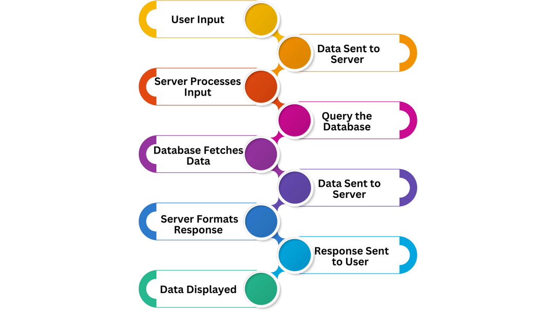 Server-side request flow: user input, server processing, database query, response formatting and display to the user