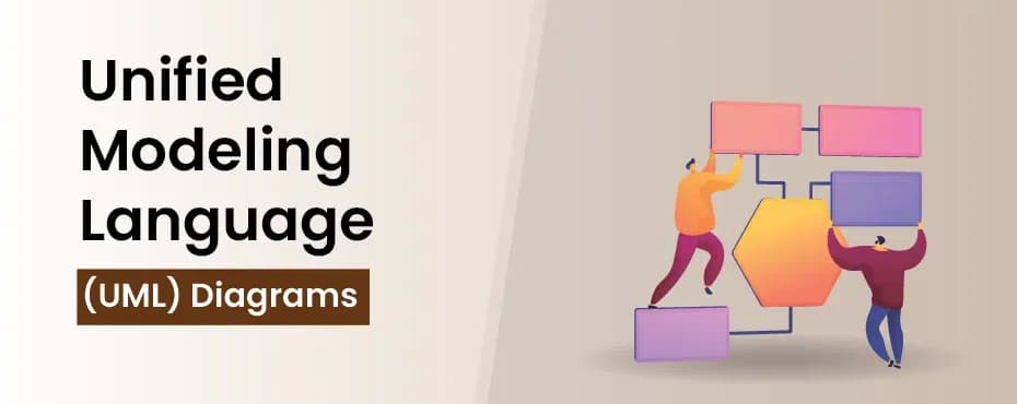 Unified Modeling Language (UML) diagrams title graphic with people arranging diagram blocks