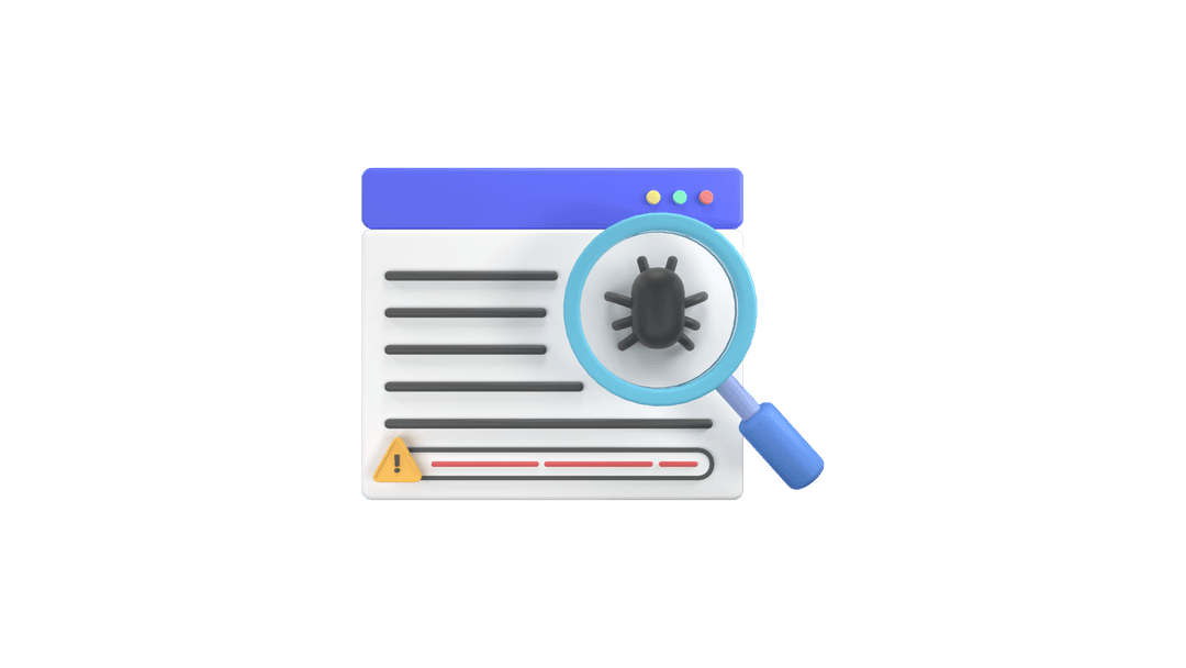 Magnifying glass finding a bug on a web page, illustrating testing and debugging