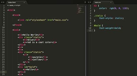 Code editor showing an HTML file linked to a CSS file with colour, italic and bold styles
